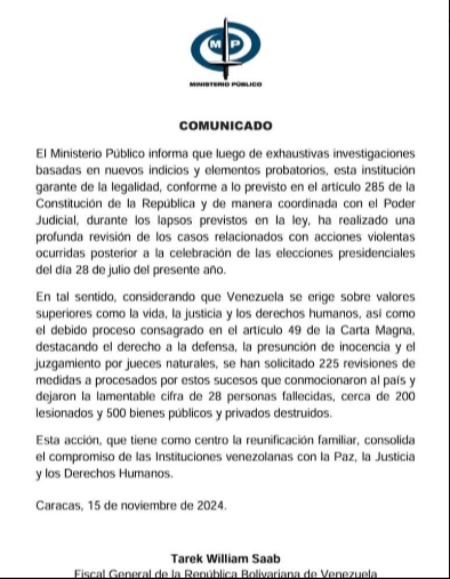Comunicado de la Fiscalía General de la República, 15 de noviembre de 2024.