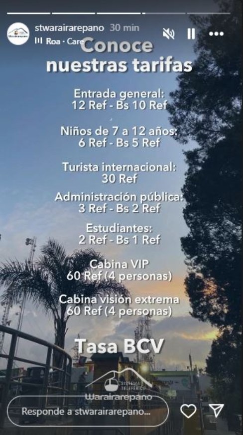 Tarifas para el Teleférico Waraira Repano / Vía @stwarairarepano