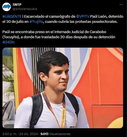 Excarcelan A Paúl León, camarógrafo de VPI / Vía @sntpvenezuela.