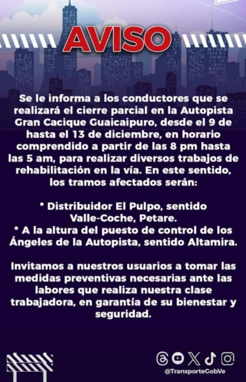 Autopista Francisco Farjado cerrará desde este 9dic / Vía Instagram: transportegobve