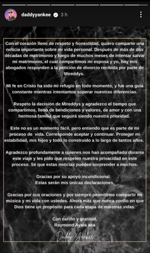 Comunicado de Daddy Yankee/ Vía Instagram