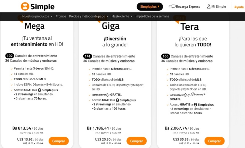 Los planes Mega, Giga y Tera mantienen su precio en dólares.