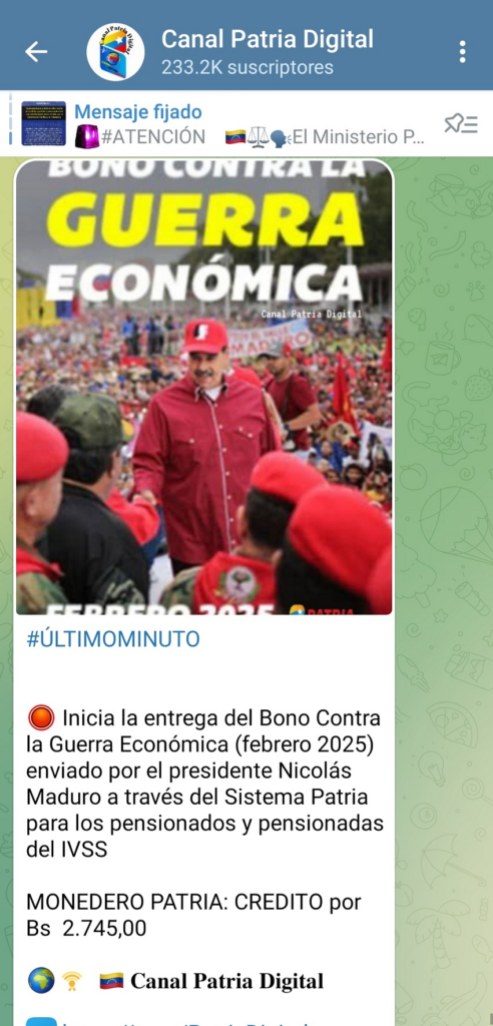 Comenzó pago del Bono Guerra Económica | Febrero 2025
