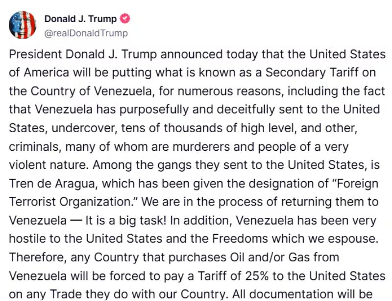 Trump impondrá arancel de 25% a países que compren petróleo y gas a Venezuela