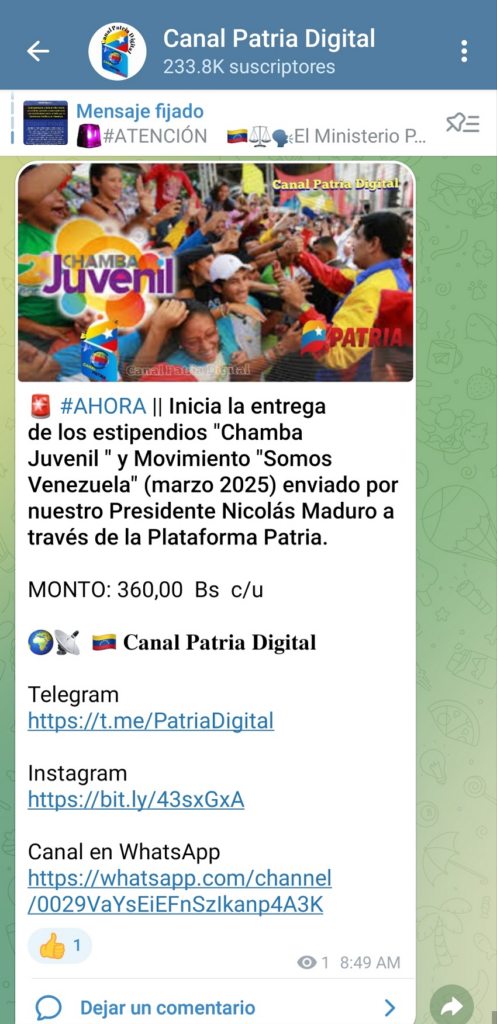 Comenzó entrega de estos dos bonos por Patria este 18Mar