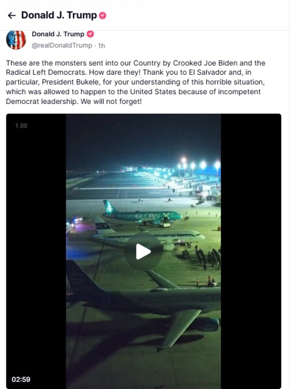 Así tildó Trump a miembros del Tren de Aragua enviados a El Salvador