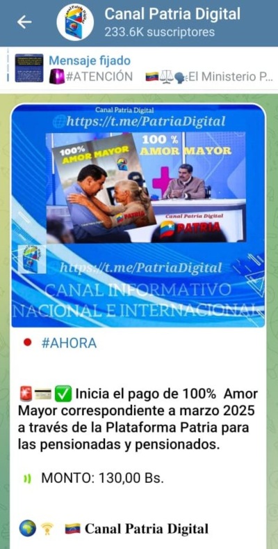 Comenzó entrega del bono "100% Amor Mayor" a través de Patria