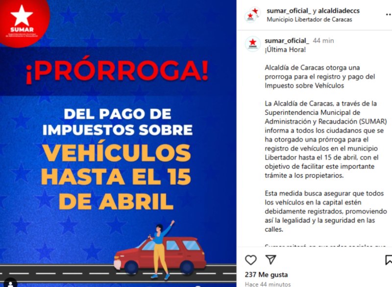 Extendieron el plazo para el pago de impuesto vehícular en Caracas: