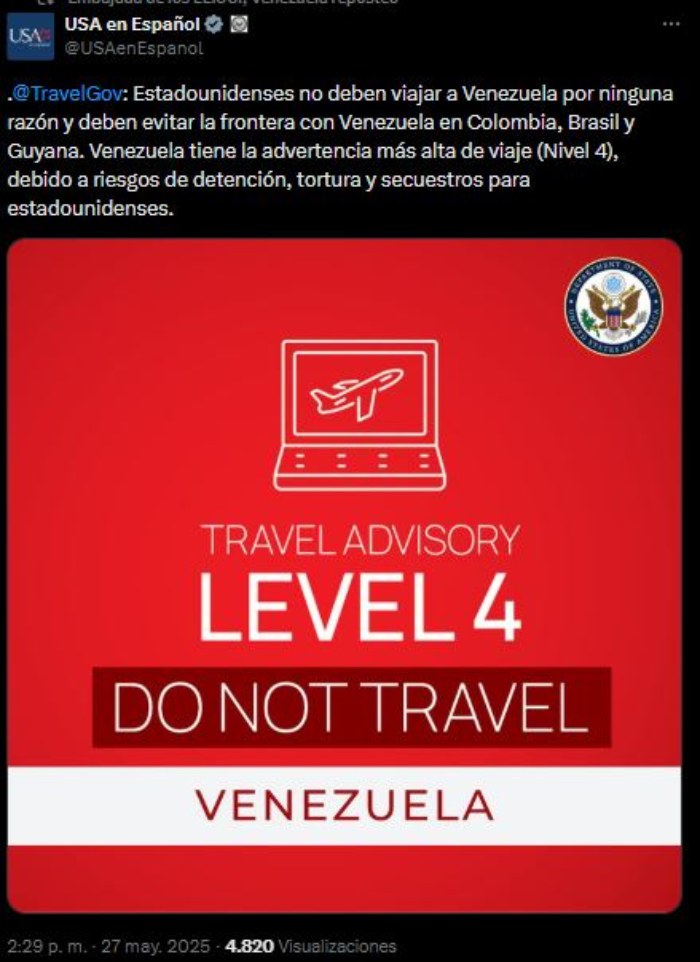 El comunicado de EEUU a sus ciudadanos sobre viajes a Venezuela.