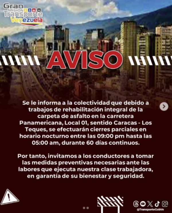 La carretera Panamericana estará cerrada parcialmente por labores de mantenimiento / Vía: @transportegobve