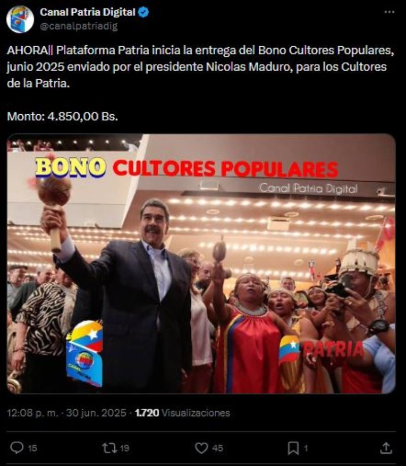 Sistema Patria entrega Bono Cultores Populares correspondiente a junio 2025 / Vía: @canalpatriadig