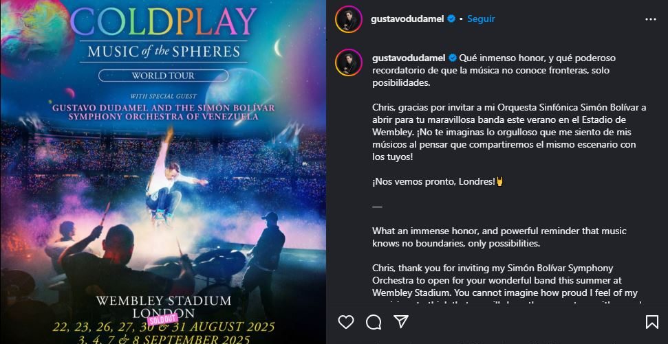 La reacción de Gustavo Dudamel al presentarse junto a Coldplay acompañado de la Orquesta Simón Bolívar