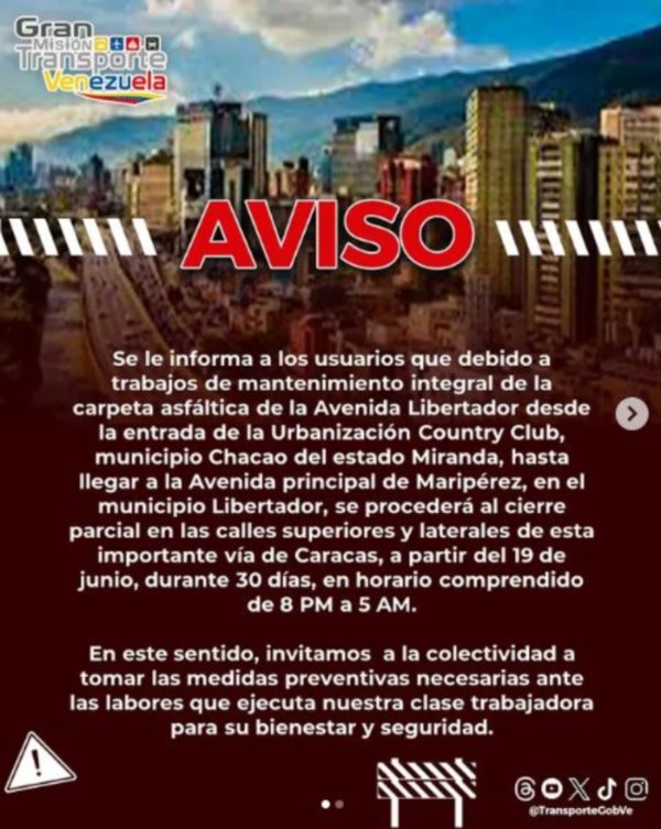 Comunicado del Ministerio de Transporte sobre el cierre parcial entre Chacao y avenida Libertador de Caracas