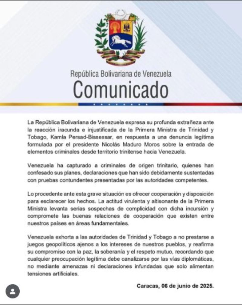 El comunicado de la cancillería venezolana ante declaraciones de Trinidad y Tobago