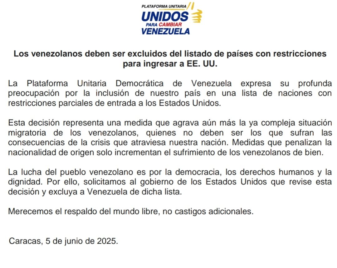 El comunicado de la Plataforma Unitaria por restricción de visas.