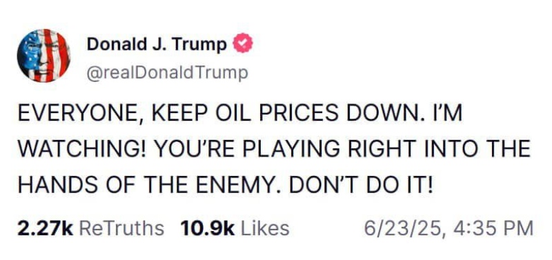 El mensaje de Trump a mercados petroleros / Vía: Truth Social