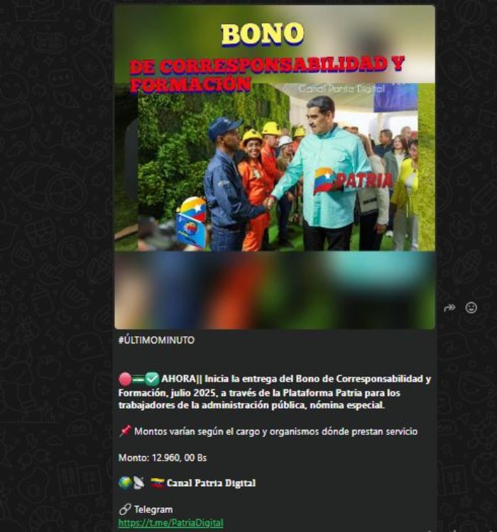 El Sistema Patria informó la entrega del Bono Corresponsabilidad y Formación correspondiente a julio 2025.