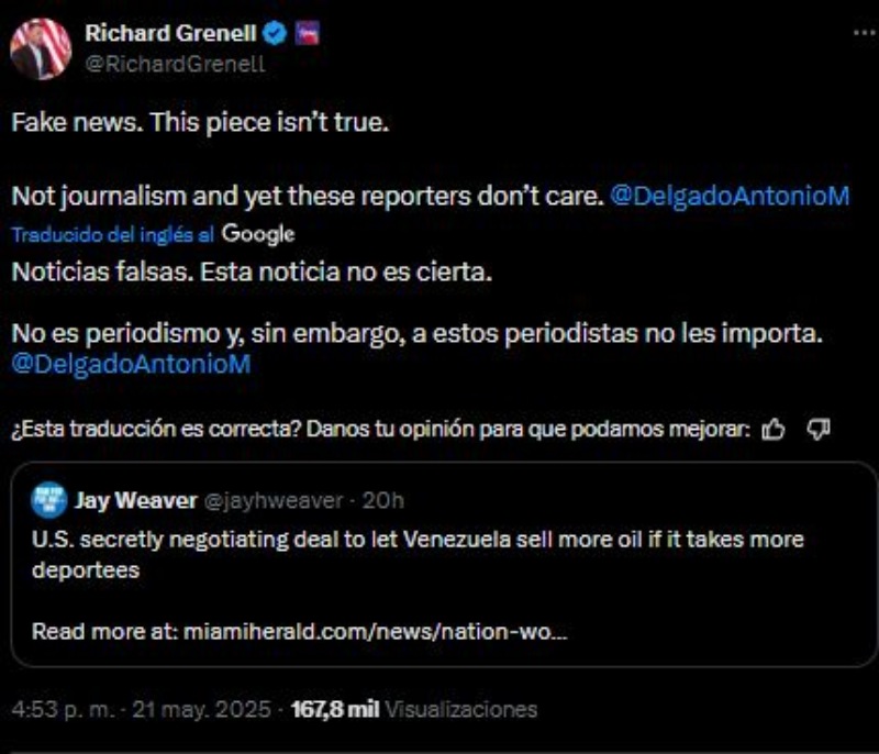 Richard Grenell desmintió la noticia sobre una negociación entre Venezuela y EEUU.