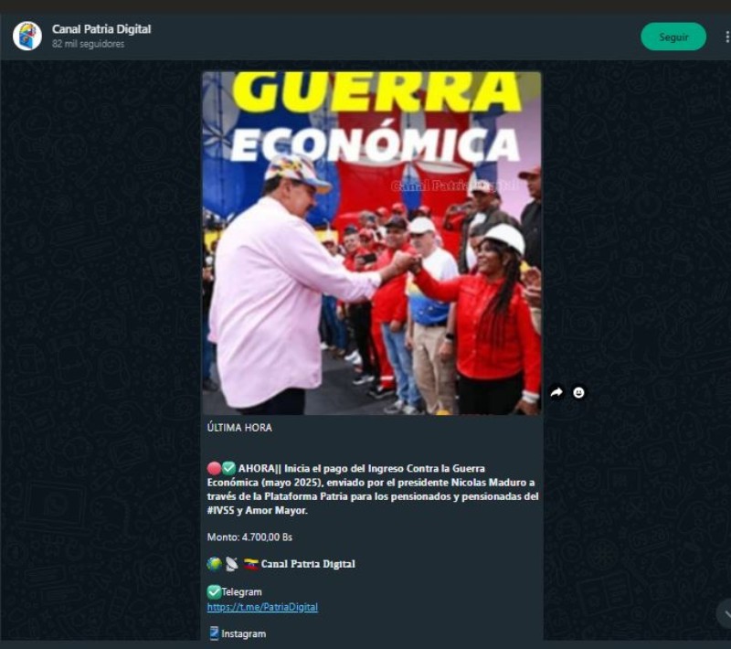 Canal Patria Digital anunció entrega del Bono Contra la Guerra Económica.