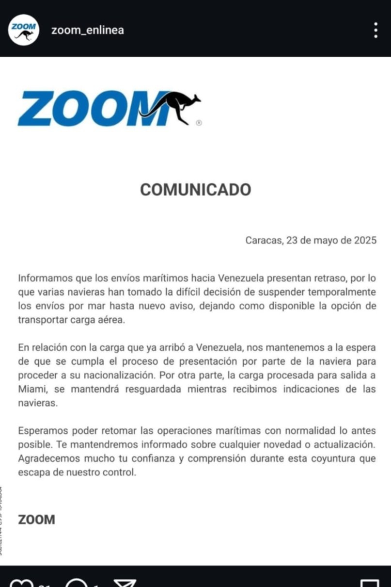 El comunicado de Zoom por suspensión de envíos marítimos.