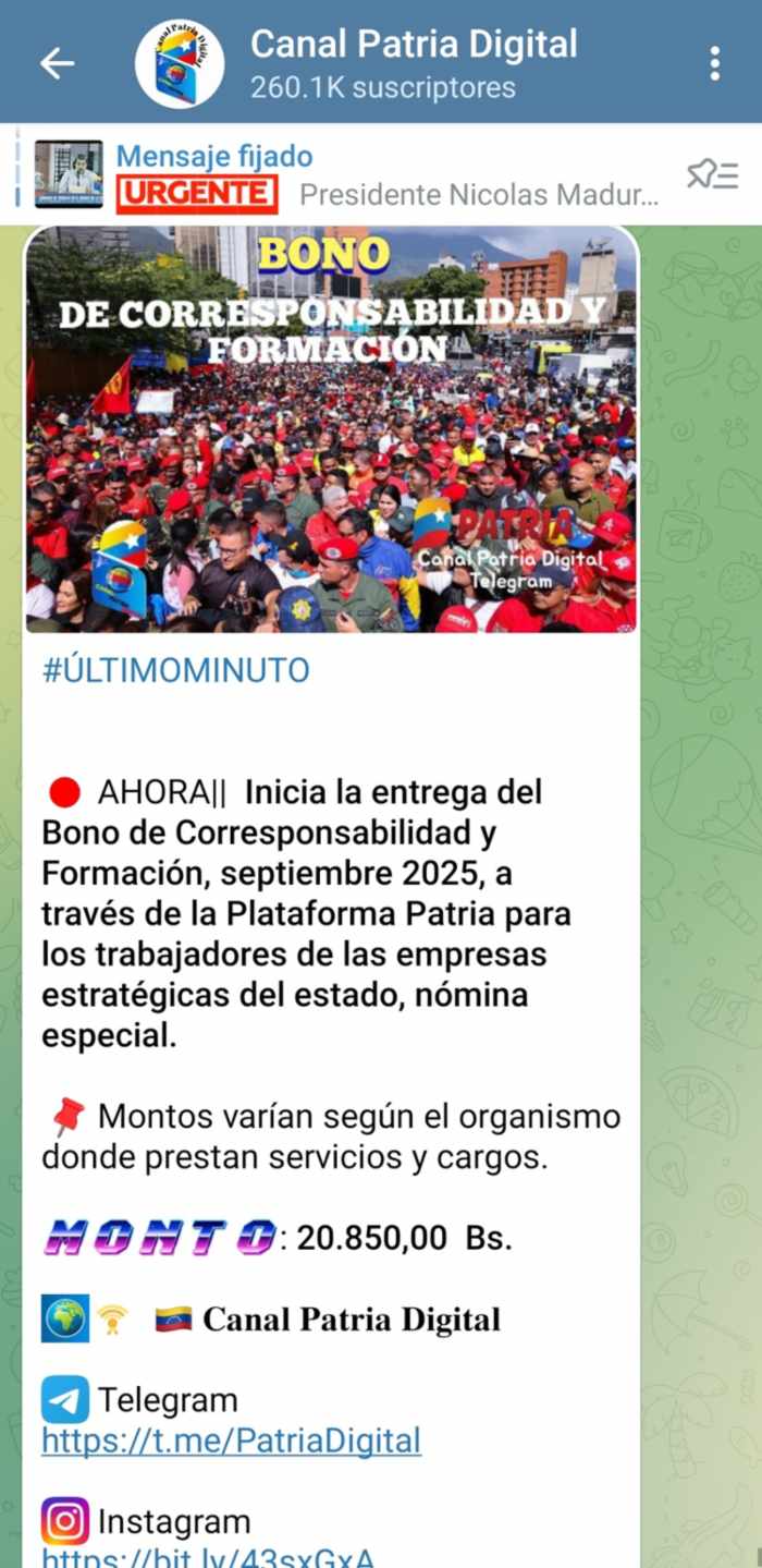 Sistema Patria hace entrega del Bono Corresponsabilidad y Formación | Vía: Canal Patria Digital