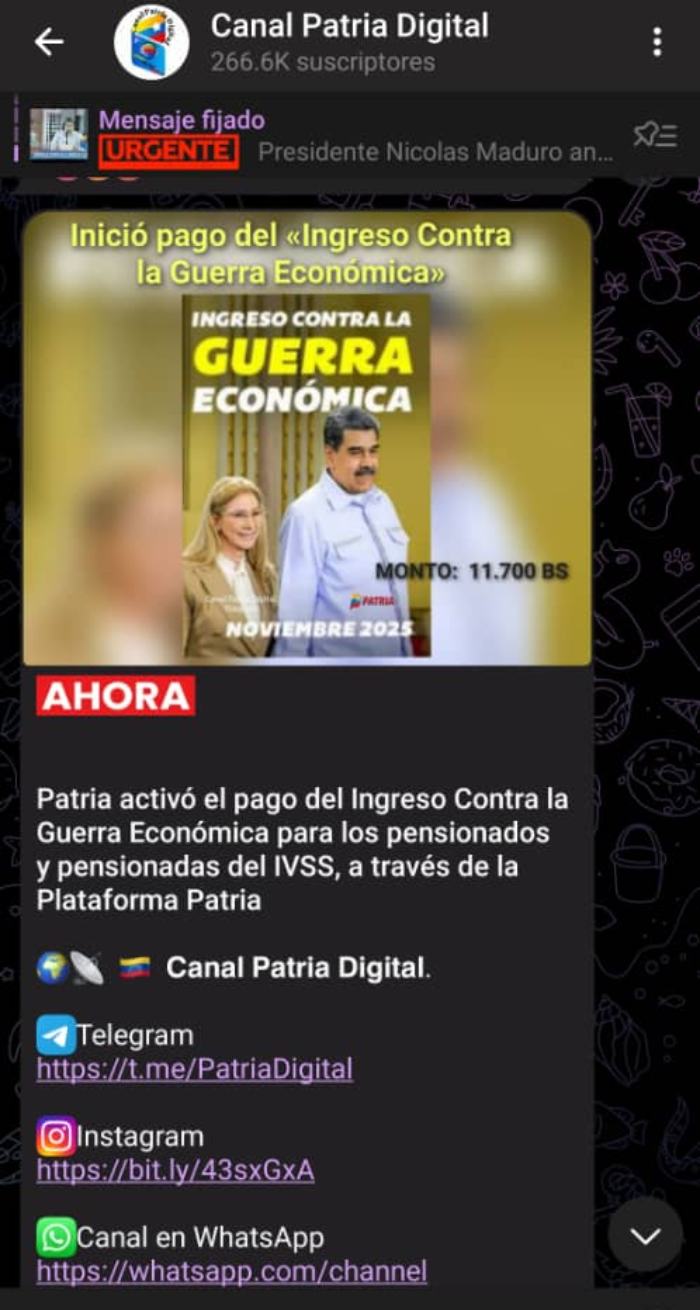 Canal Patria Digital anunció sobre la entrega del Bono de Guerra Económica.